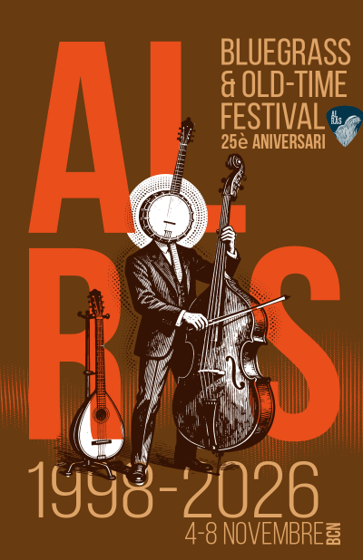 Cartel del Festival Bluegrass y Old-Time, celebrando el 25 aniversario. Incluye un banjo, un contrabajo y figuras estilizadas de músicos. Fechas del 4 al 8 de noviembre de 2026 en BCN.
